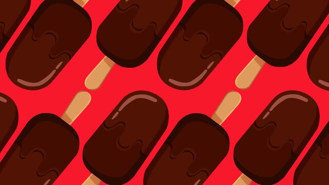 Seamless chocolate coated ice cream bars arranged in a repeating pattern on a vibrant red background. Perfect for summer promotions, dessert themes, food branding, advertising