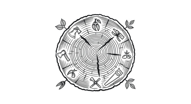 Tree rings cross section with carpentry tools and botanical elements