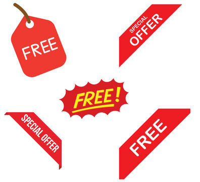 A versatile set of red promotional labels, special offer banners, and discount tags, ideal for marketing, sales, and advertising to highlight freebies and deals
