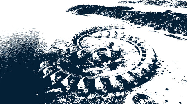 Aerial View of Circular Resort Village on Tropical Island Coastline