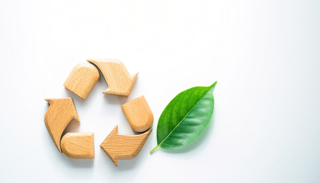 An eco-friendly wooden recycling symbol paired with a vibrant green leaf, signifying a profound commitment to environmental preservation and sustainability efforts