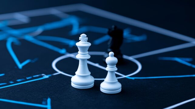 Chess Pieces on a Sports Field Blueprint Representing Strategy and Competition with Focus on King and Queen Amidst Soccer Tactics and Exercise Planning