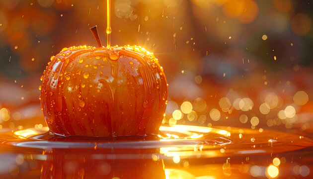 Caramel Apple Drip: A glistening caramel apple is being drizzled with more rich caramel sauce, surrounded by shimmering bokeh lights and autumn foliage, creating a warm and inviting scene.
