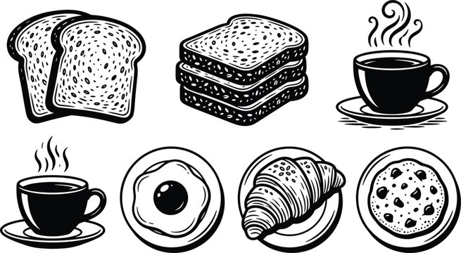 Black and white breakfast vector icons set featuring bread slices coffee cups fried egg croissant and chocolate chip cookie