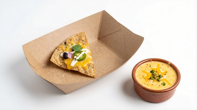 Loaded nacho tortilla chip in paper tray with queso dip on white background.
