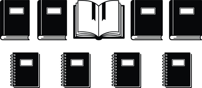 Black icon set of hardcover books, notebooks, and an open book with ribbon bookmarks for education design elements.