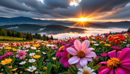 Fototapeta premium A vast field of wildflowers blooming beneath a dramatic sunrise
