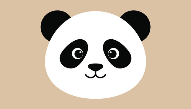 Adorable cartoon panda face with big circular eyes and dark ears is centered on a warm beige minimalist background.