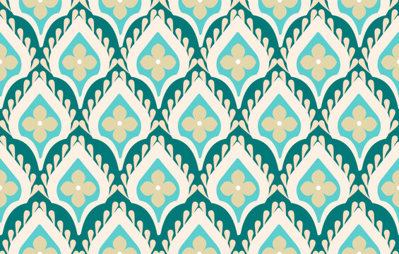 Seamless geometric floral pattern with elegant teardrop motifs, petal flowers, symmetrical ornamental shapes in teal, aqua, cream, and beige, retro repeating green background design, vector

