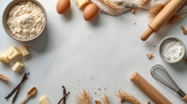 Baking ingredients frame with flour, eggs, rolling pin and whisk on white background