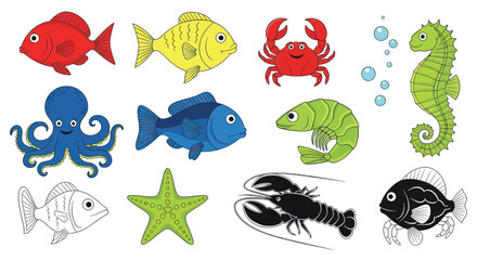 Marine life collection with colorful fish octopus crab and seahorse © titisan