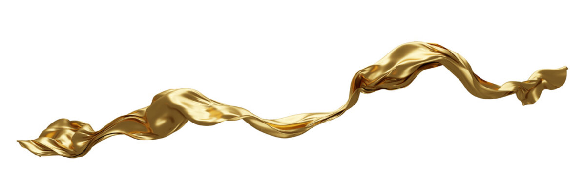 Luxury gold fabric ribbon flowing isolated on transparent background with copy space 3D render