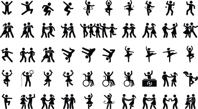 Set of black stick figure icons showing people dancing in various styles including ballet hip hop ballroom and disco movements for party event and celebration design projects