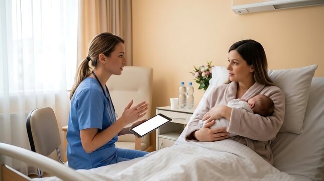 Nurse discussing with mother holding newborn baby in hospital bed