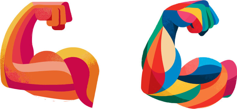 A vibrant vector icon of a muscular arm flexing its bicep showcases bold colors and modern design elements against a pristine white backdrop