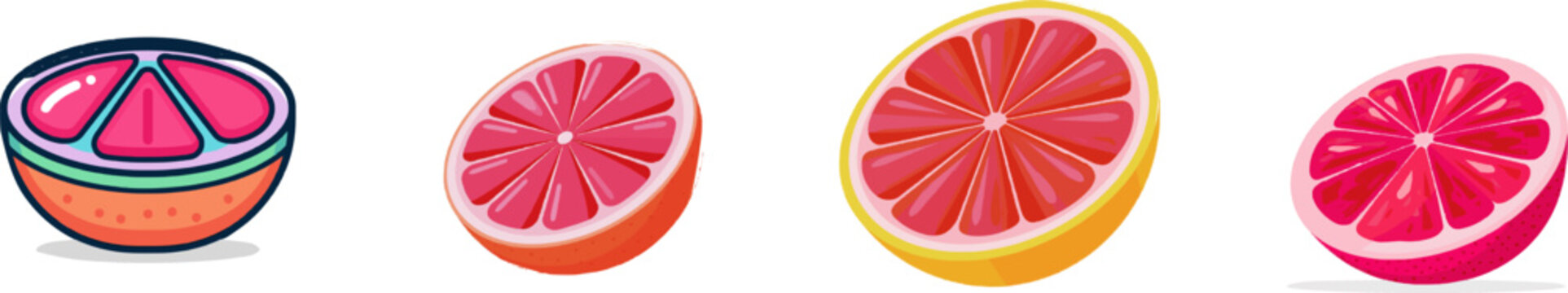 A vibrant flat vector icon of a pink grapefruit half features bright colors, modern UI style, clean lines, and is isolated on a pure white background