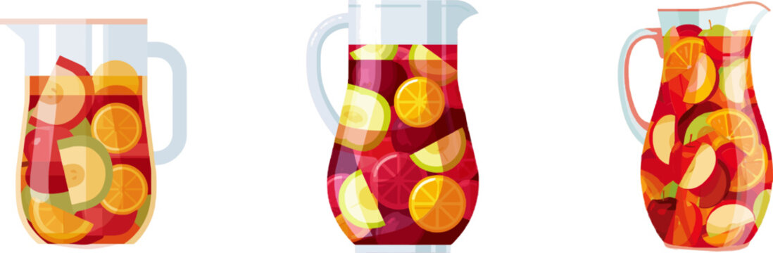 A vibrant flat vector icon of a fruity sangria in a large glass pitcher filled with sliced apples and oranges, set against a clean white background