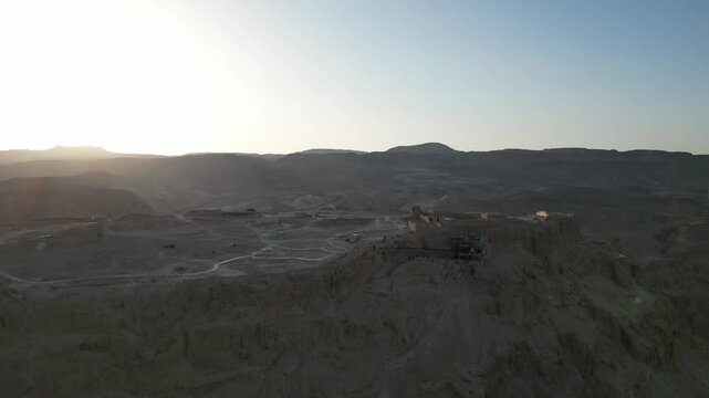 Aerial View of Masada Fortress and Desert Cliffs Near Dead Sea Israel