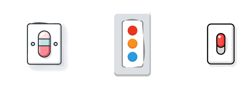 A minimalist flat vector icon of a light switch features a cute, pill-shaped design with solid colors and clear outlines against a white background