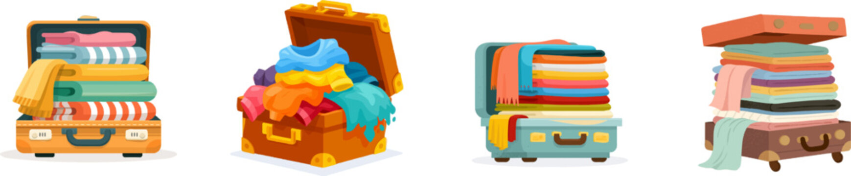 An open suitcase filled with neatly folded clothes in various colors stands against a pristine white backdrop, embodying the essence of travel preparation