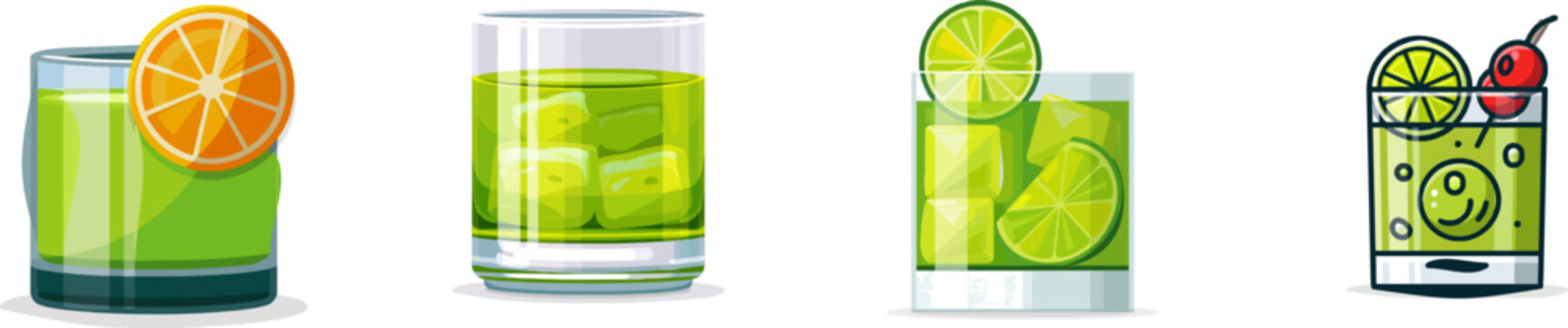 A vibrant green midori sour cocktail in a lowball glass, garnished with an orange slice, exudes freshness and modern elegance against a clean white background