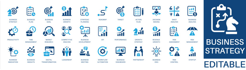 Business strategy and startup solid icon set. Featuring market research, leadership, risk management, business plan, and target. Editable vector glyphs for project management and administration. © Iconify