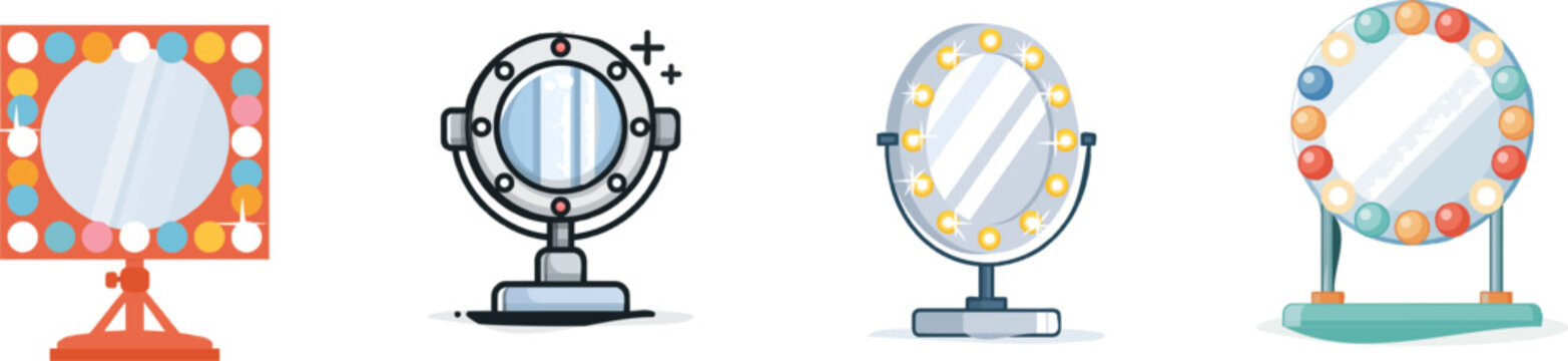 A vibrant vanity mirror adorned with colorful dots encircles its edges, casting an inviting glow in a modern UI style against a pristine white backdrop