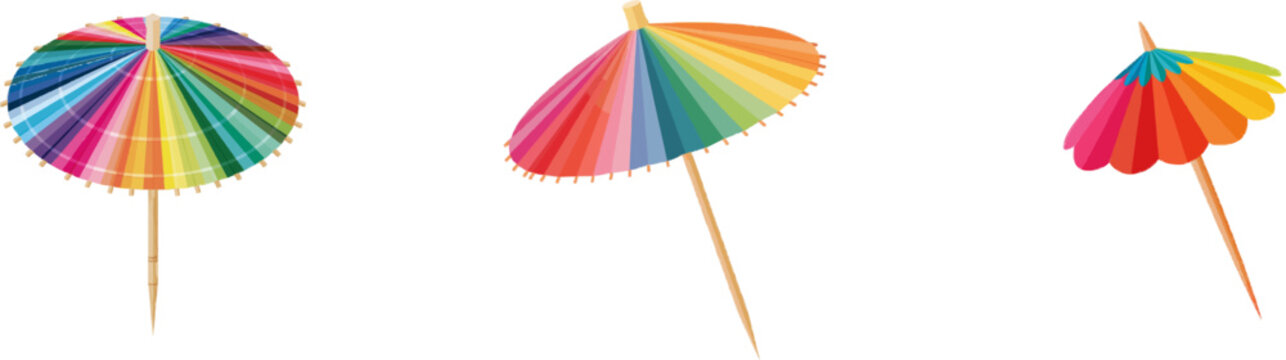 A vibrant, flat vector icon of a colorful paper cocktail umbrella toothpick features bright colors, modern UI style, clean lines, and is isolated on a pure white background