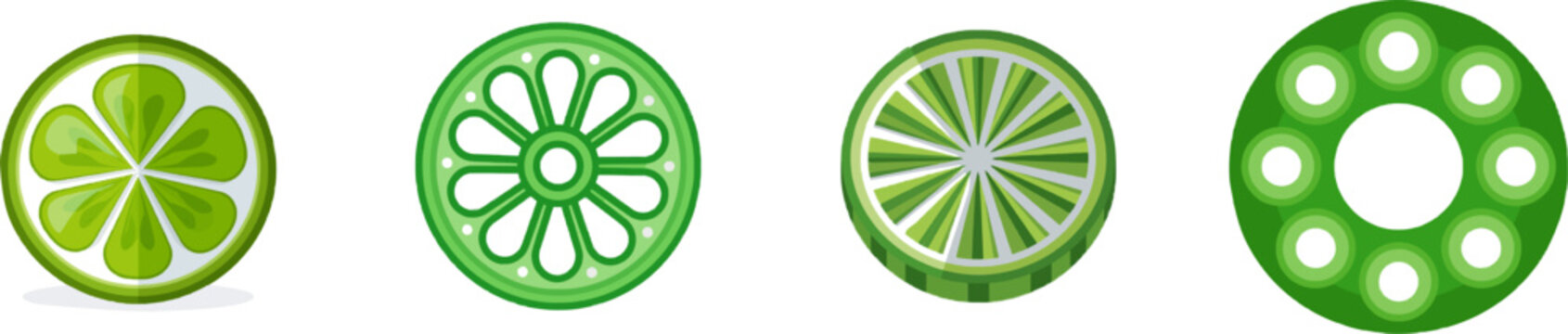 A vibrant, flat vector icon of a round green cucumber slice wheel showcases bright colors, modern UI style, clean lines, and is isolated on a pure white background