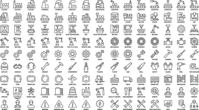 Heavy industrial manufacturing and automated factory line icon set featuring machinery assembly robotic arms conveyor belts tools warehouse and worker safety elements
