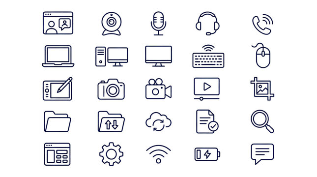 Video Call, Computer and Creative Tools Icon Set &ndash; Modern Line Vector Collection