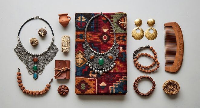 Set of ethnic handmade jewelry and wooden accessories isolated on white background