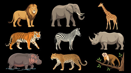 Cute safari wildlife animal vector set with lion, elephant, giraffe, tiger, zebra, rhinoceros, hippopotamus, leopard and monkey isolated on black background. © Udindin