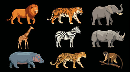 African safari animal collection featuring lion, tiger, elephant, giraffe, zebra, rhinoceros, hippopotamus, leopard and monkey isolated on black background. © Udindin