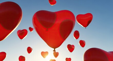 Numerous bright red heart shaped balloons ascend into a clear blue sky near the setting sun.