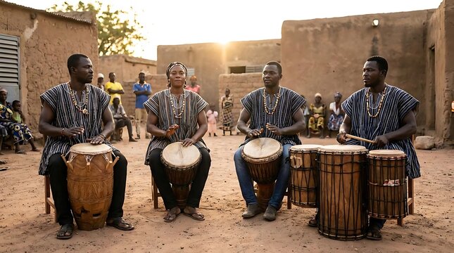 Group of musicians playing traditional drums outdoors in a village setting