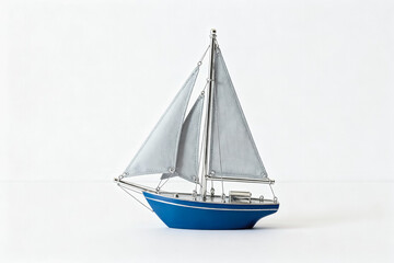 Fototapeta premium A miniature model sailboat with blue hull and grey sails, displayed against a plain white background.