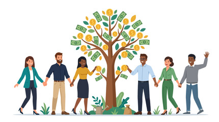 Obraz premium Modern flat design vector illustration of a diverse group of people holding hands around a tree growing gold coins and dollar bills, representing financial planning and wealth growth.