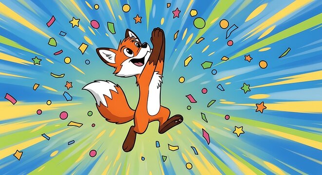 Happy cartoon fox jumping with colorful confetti celebration isolated on white background