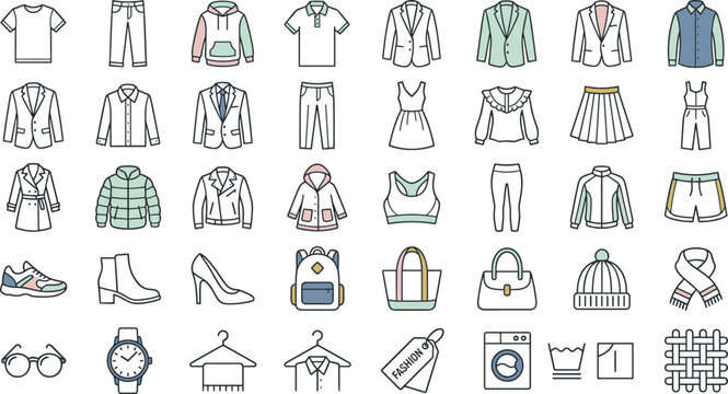 Fashion apparel and clothing color line icon set featuring casual garments business suits footwear bags outerwear laundry care and textile accessories