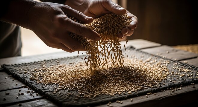 Hands pouring raw grains on a dark stone table isolated on white background