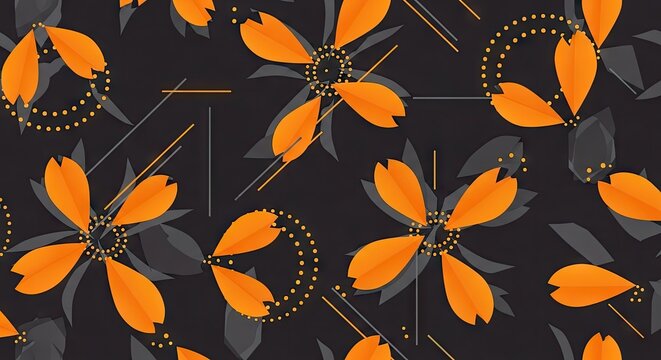Bright orange stylized floral pattern repeats across a dark background with abstract geometric elements.