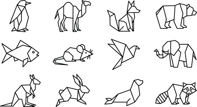 Geometric origami wild animals thick line icon set featuring black linear low poly paper penguin camel fox bear bird and elephant symbols