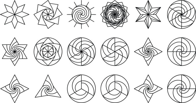 Geometric line art vector collection in image_bd20a2.png featuring spiral star wheels mandala emblems and circular swirl badges