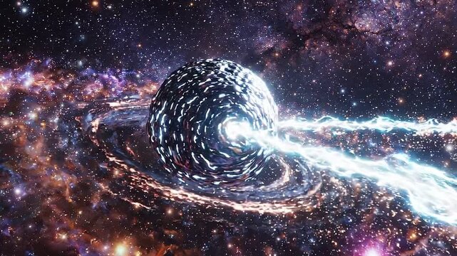 Futuristic cosmic anomaly or black hole with a glowing accretion disk emitting a bright energy beam in deep space surrounded by stars and galaxies.