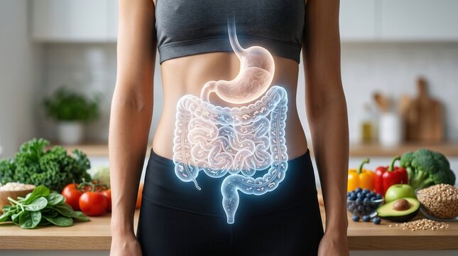 Human digestive system anatomy visualization over fit person with healthy food