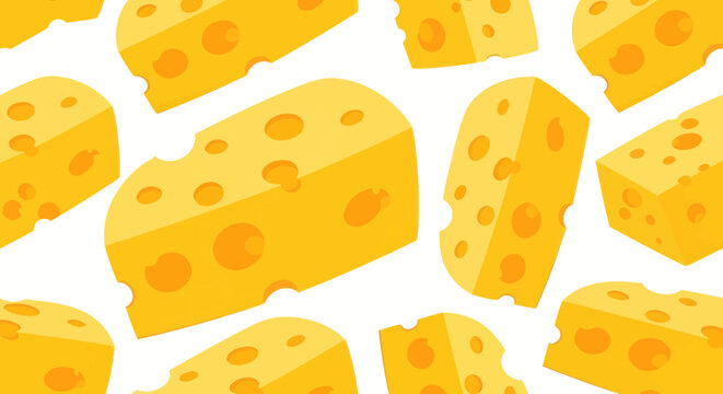 Yellow swiss cheese wedges in a repeating seamless pattern