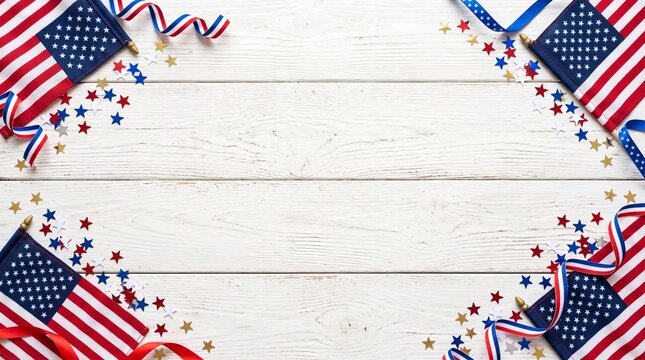 Patriotic Fourth of July Celebration Background with American Flags and Confetti on White Rustic Wood Texture