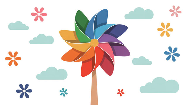 Colorful windmill with rainbow pinwheel and floating stars in a cheerful sky Vector