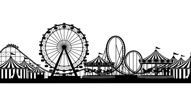 Amusement park carnival silhouette with ferris wheel and rides